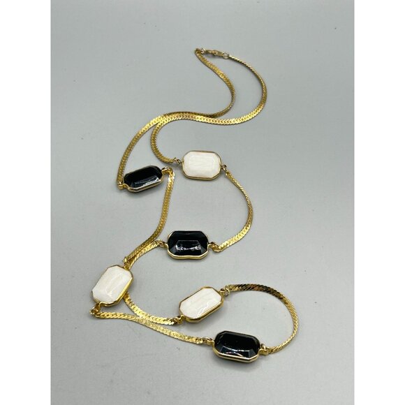 Vintage 90s Gold Tone Necklace with Black & White Acrylic Stones 28" Long - Picture 5 of 7